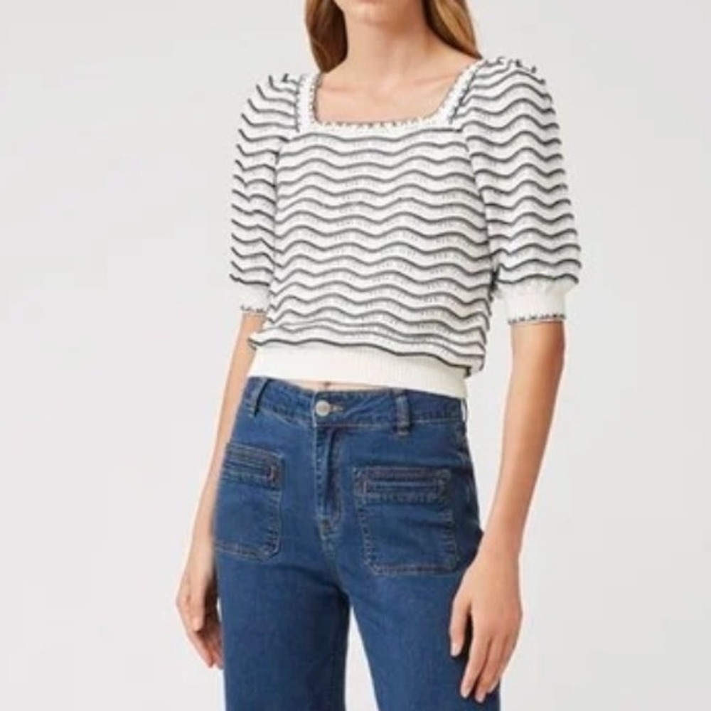 Suncoo Paris Perez Striped Open Knit Sweater Puff Sleeve Square Neck Cream T0 XS